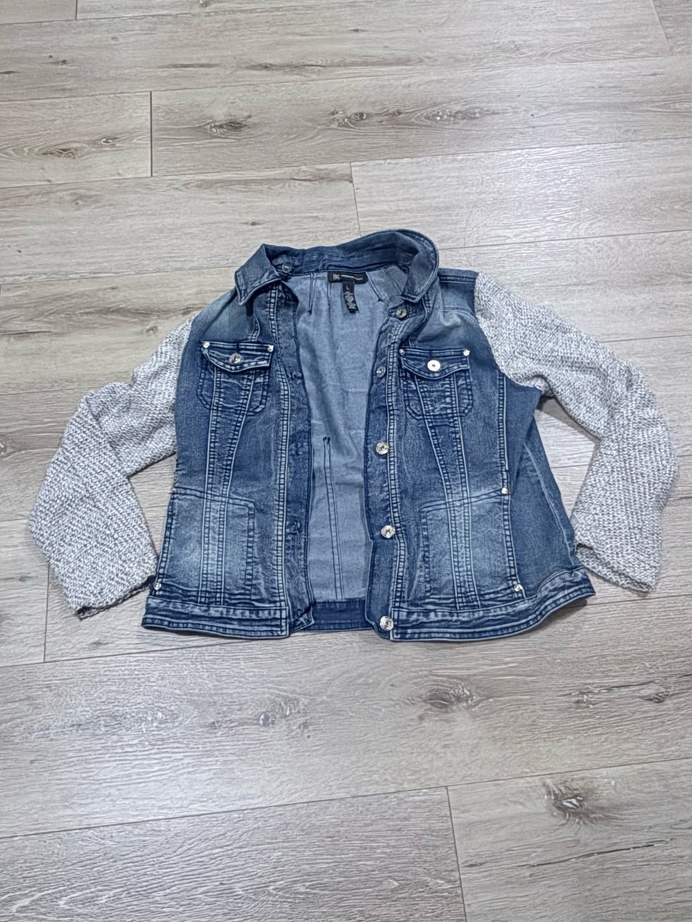 INC International Concepts Blue Denim Jacket with Gray Knit Sleeves